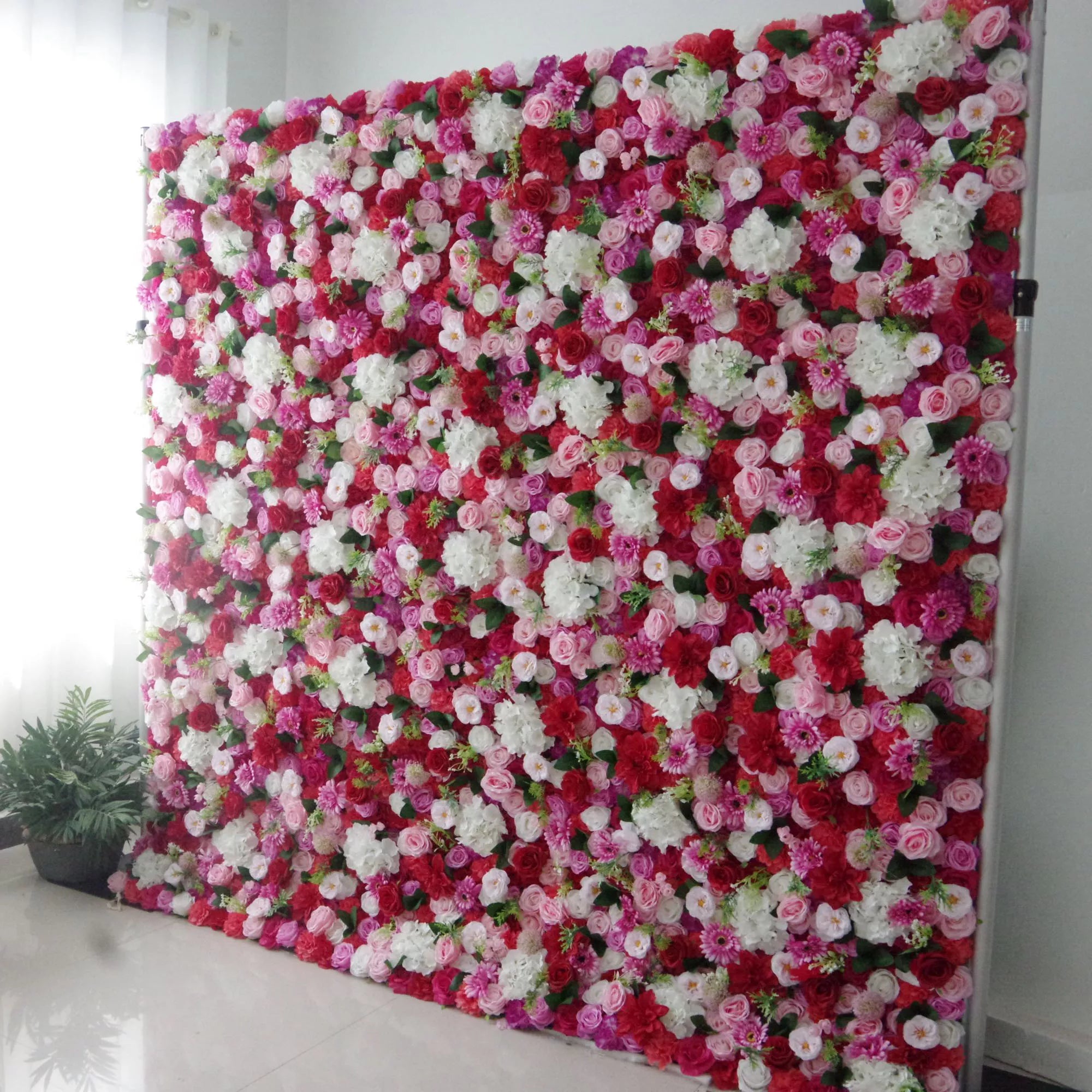 Valar Flowers Roll Up Fabric Artificial Mix Rose Red White and Pink Flower Wall Wedding Backdrop, Floral Party Decor, Event Photography-VF-042