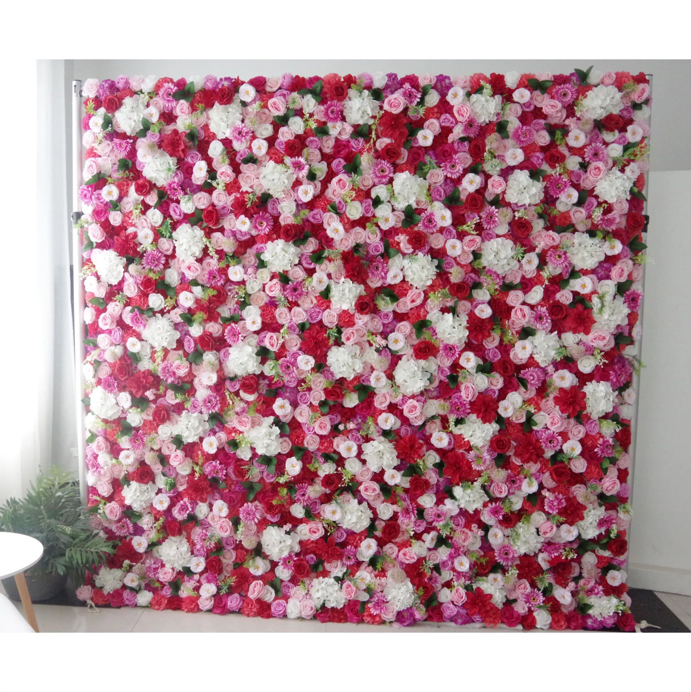 Valar Flowers Roll Up Fabric Artificial Mix Rose Red White and Pink Flower Wall Wedding Backdrop, Floral Party Decor, Event Photography-VF-042