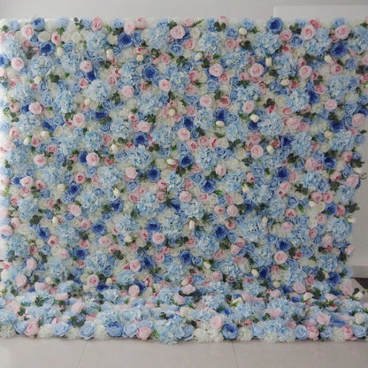 Valar Flowers Roll Up Fabric Artificial Mixed Baby Blue, Pinky and White Floral Wall Wedding Backdrop, Floral Party Decor, Event Photography-VF-081