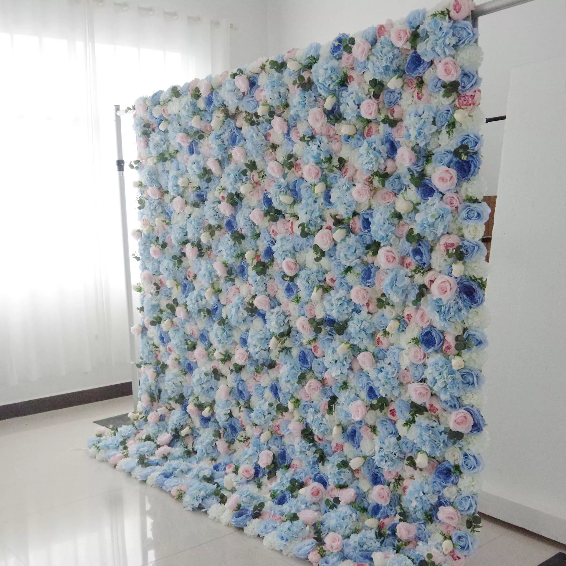 Valar Flores Roll Up Tecido Artificial Misto Bebê Azul, Rosado e Branco Floral Parede Wedding Backdrop, Floral Party Decor, Evento Fotografia-VF-081