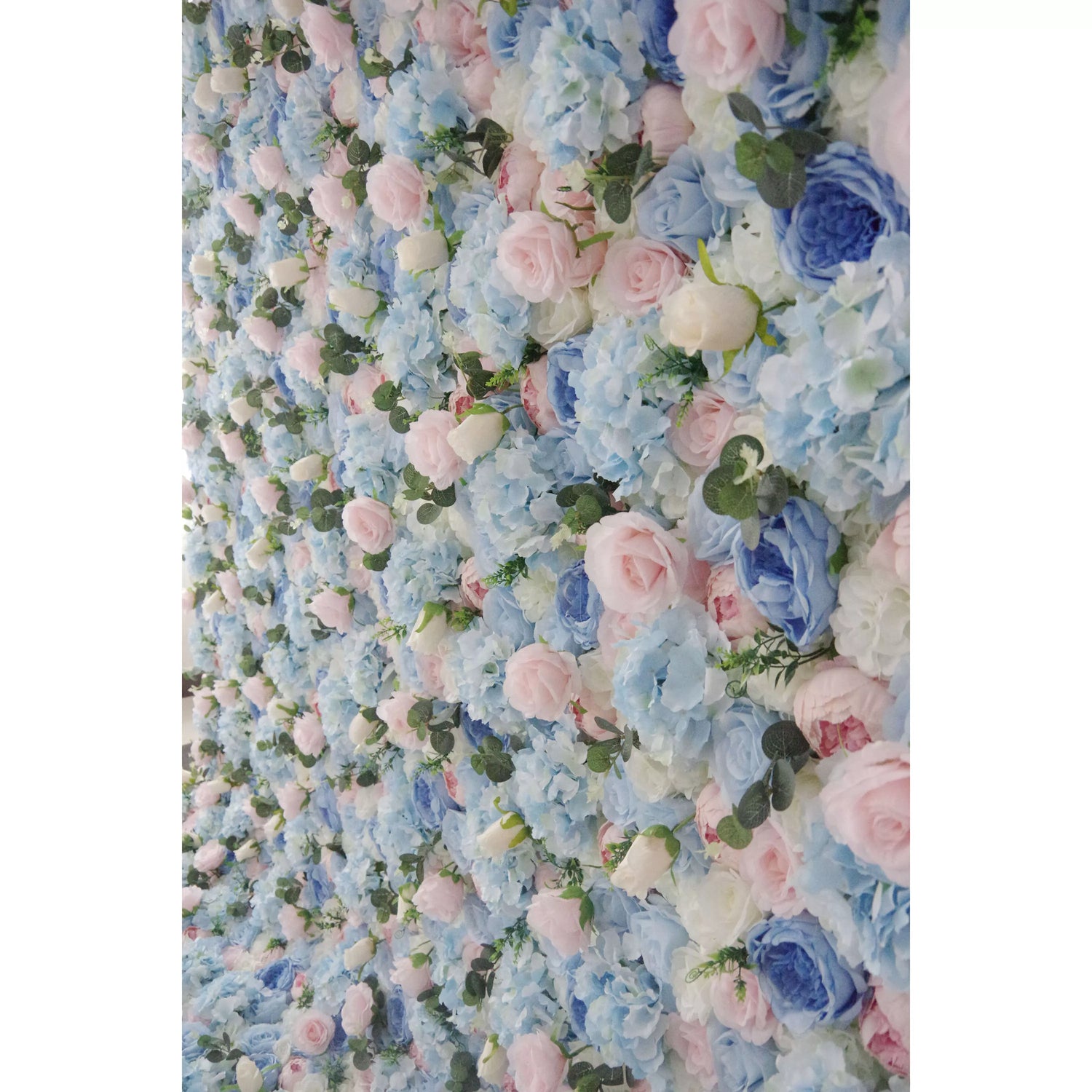 Valar Flowers Roll Up Fabric Artificial Mixed Baby Blue, Pinky and White Floral Wall Wedding Backdrop, Floral Party Decor, Event Photography-VF-081