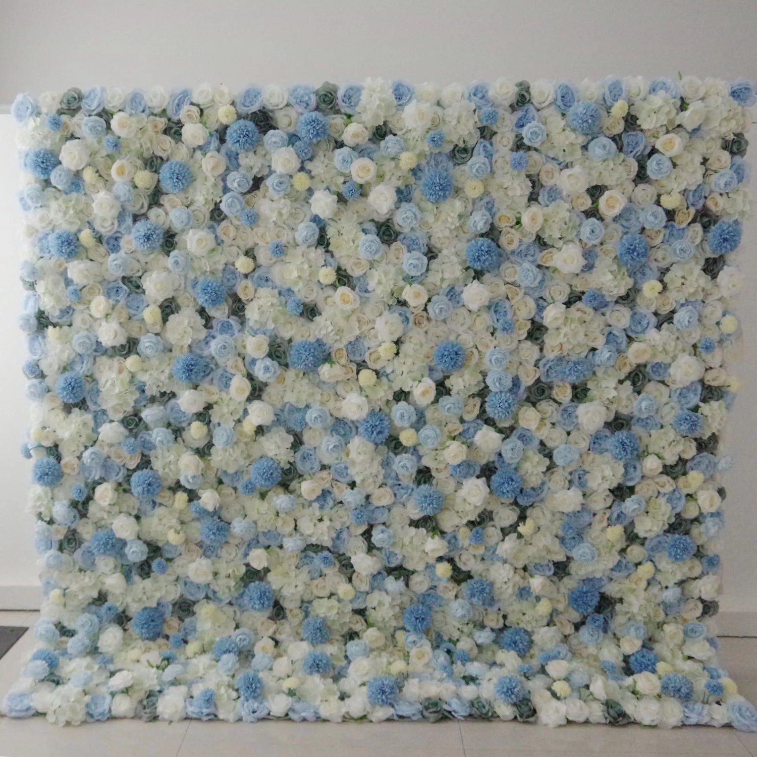 Valar Flowers Roll Up Fabric Artificial Mixed Baby Blue and White Floral Wall Wedding Backdrop, Floral Party Decor, Event Photography-VF-083