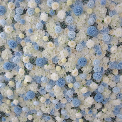 Valar Flowers Roll Up Fabric Artificial Mixed Baby Blue and White Floral Wall Wedding Backdrop, Floral Party Decor, Event Photography-VF-083