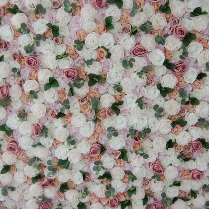 Valar Flowers Roll Up Fabric Artificial Mixed White and Pink Rose Color Green Leaves Wall Wedding Backdrop, Floral Party Decor, Event Photography-VF-089