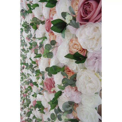 Valar Flowers Roll Up Fabric Artificial Mixed White and Pink Rose Color Green Leaves Wall Wedding Backdrop, Floral Party Decor, Event Photography-VF-089