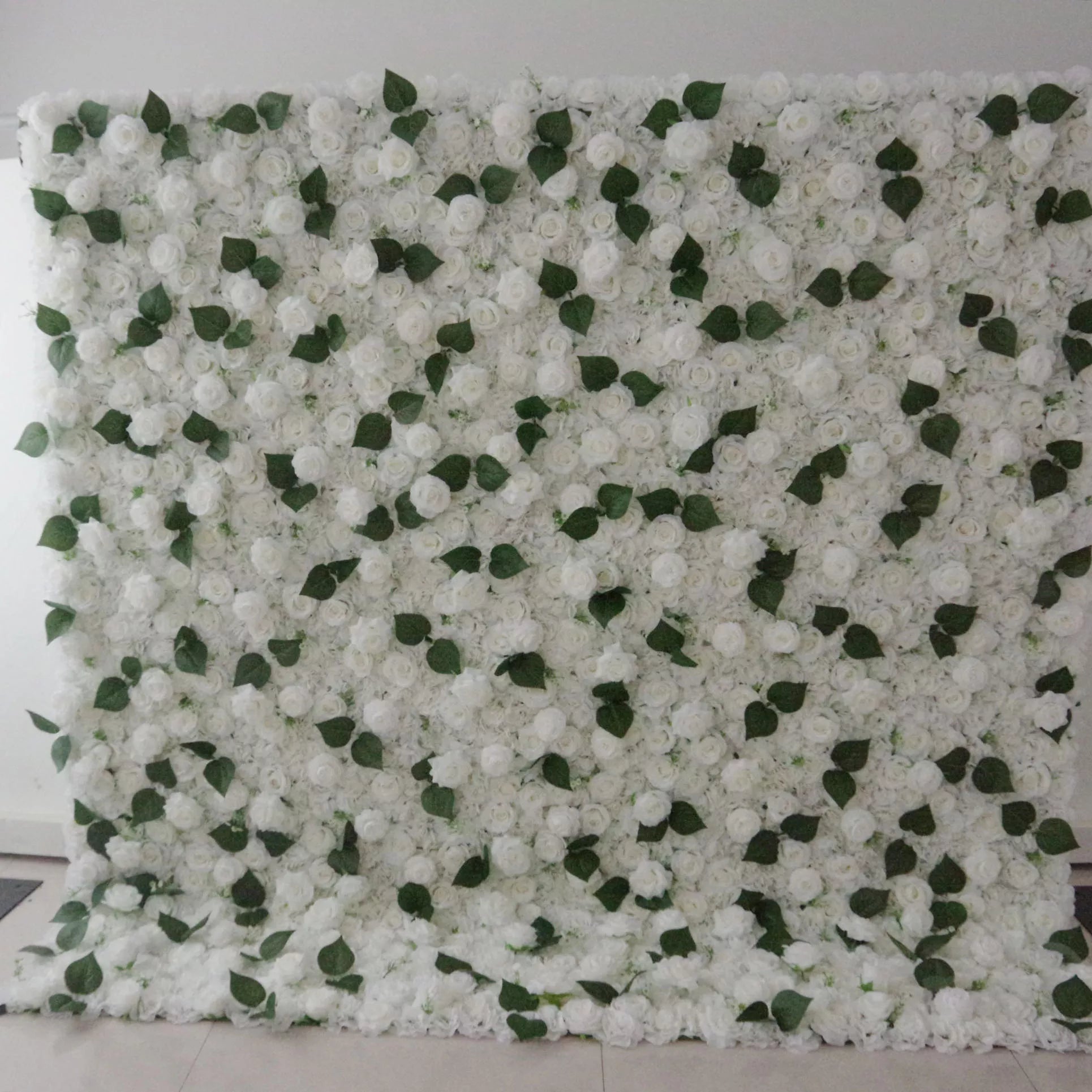 Valar Flowers Roll Up Fabric Artificial White and Green Leaves Wall Wedding Backdrop, Floral Party Decor, Event Photography-VF-088