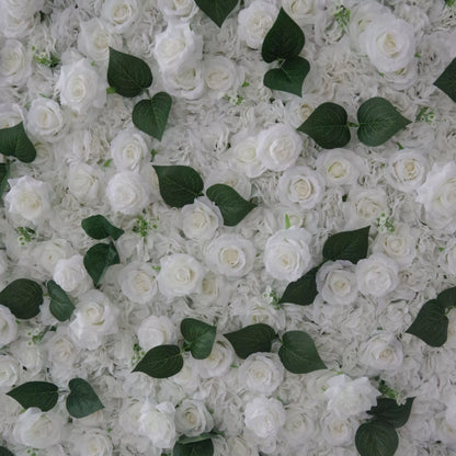 Valar Flowers Roll Up Fabric Artificial White and Green Leaves Wall Wedding Backdrop, Floral Party Decor, Event Photography-VF-088