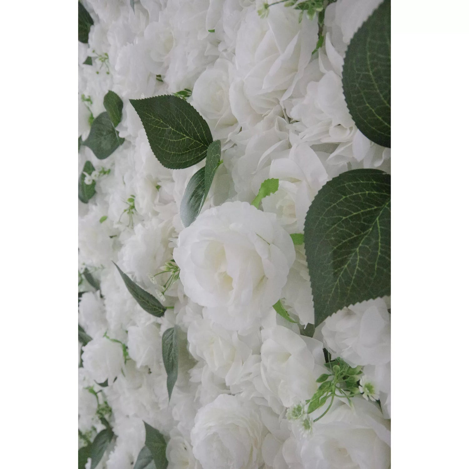 Valar Flowers Roll Up Fabric Artificial White and Green Leaves Wall Wedding Backdrop, Floral Party Decor, Event Photography-VF-088