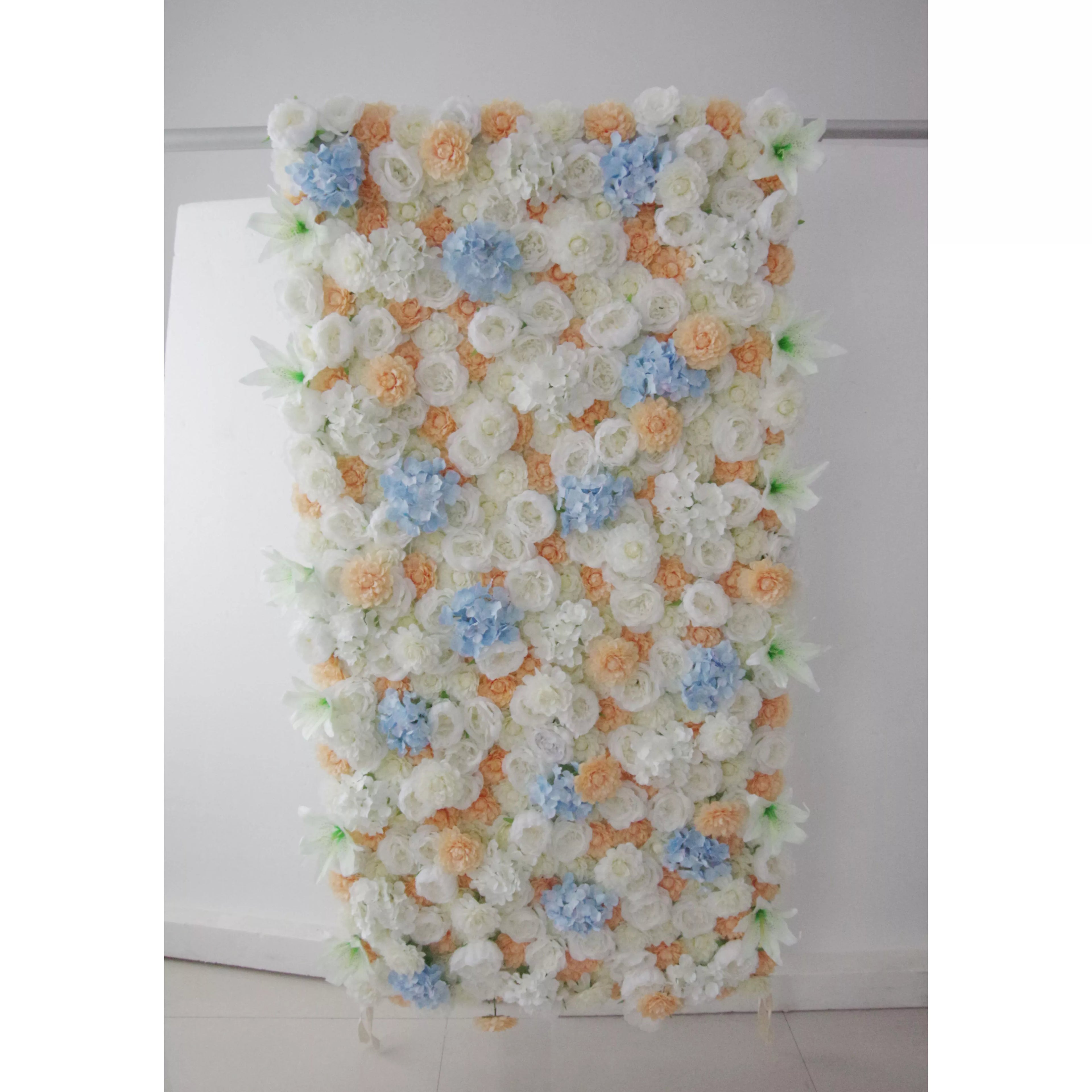 Valar Flowers Roll Up Fabric Artificial Orange Mixed White and Baby Blue Floral Wall Wedding Backdrop, Floral Party Decor, Event Photography-VF-096