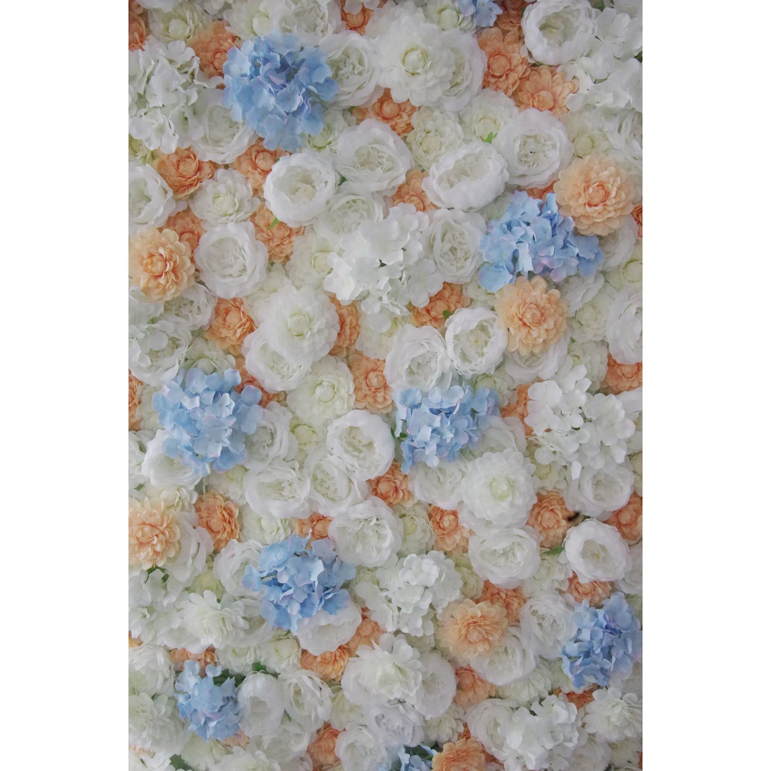 Valar Flowers Roll Up Fabric Artificial Orange Mixed White and Baby Blue Floral Wall Wedding Backdrop, Floral Party Decor, Event Photography-VF-096