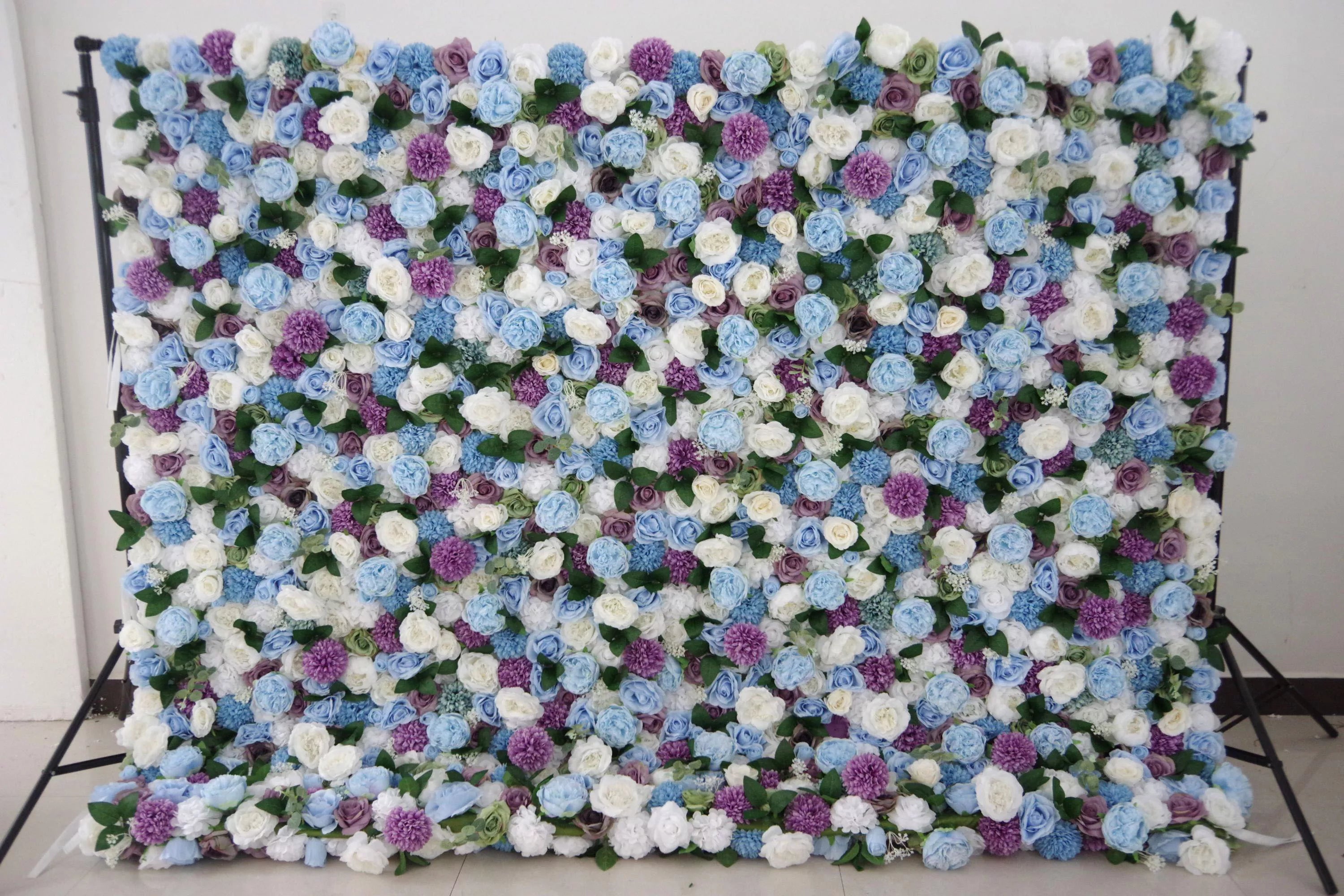 Valar Flowers Roll Up Fabric Artificial Mix Purple White and Blue Flower Wall Wedding Backdrop, Floral Party Decor, Event Photography-VF-036