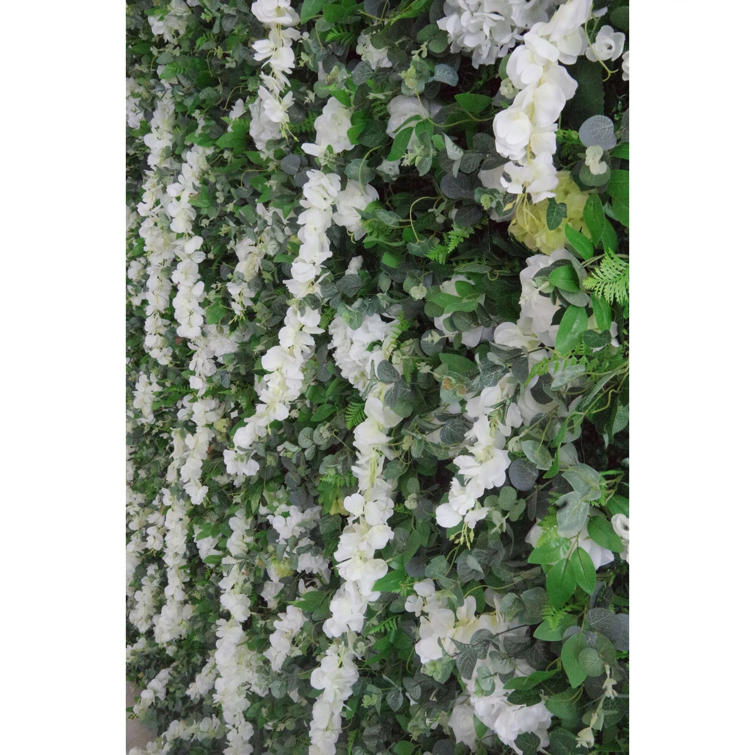 Valar Blumen Roll-up-Stoff künstliche weiße Blume und lebendig grüne Blätter Blumenwand-Hochzeitshintergrund, Blumen-Party-Dekor, Event-Fotografie-VF-071