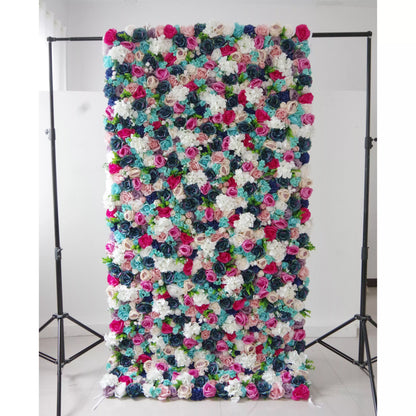 Valar Flowers Roll Up Fabric Artificial Mix Purple White Rose Red and Blue Flower Wall Wedding Backdrop, Floral Party Decor, Event Photography-VF-037