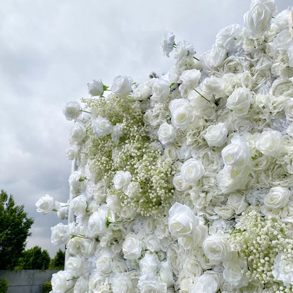 Elegant White &amp; Green Flower Wall Backdrop - Roll-Up Fabric Wall - Bridal Party Decor - Wedding Venues Celebration Floral Wall-VF-340-2