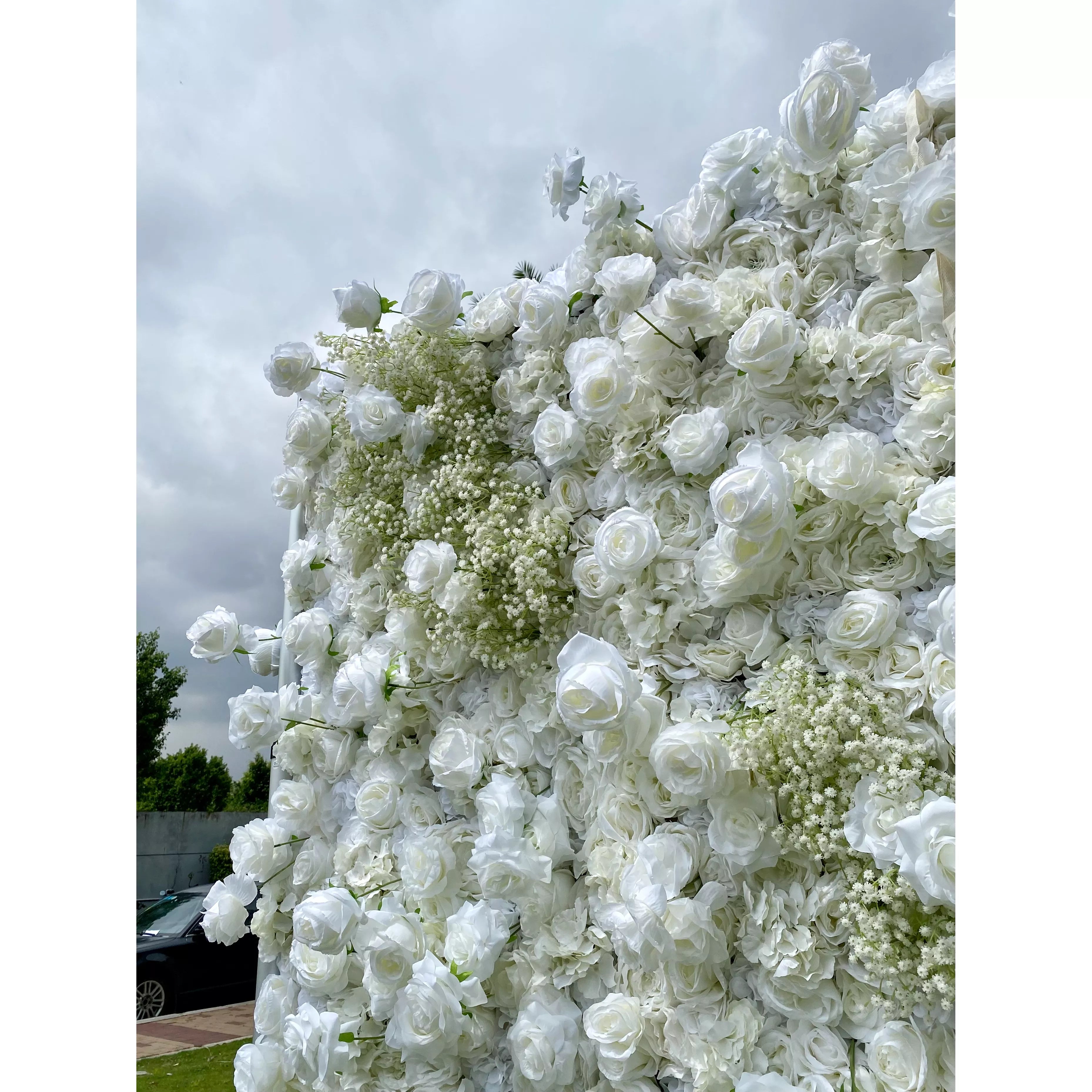 Elegant White &amp; Green Flower Wall Backdrop - Roll-Up Fabric Wall - Bridal Party Decor - Wedding Venues Celebration Floral Wall-VF-340-2