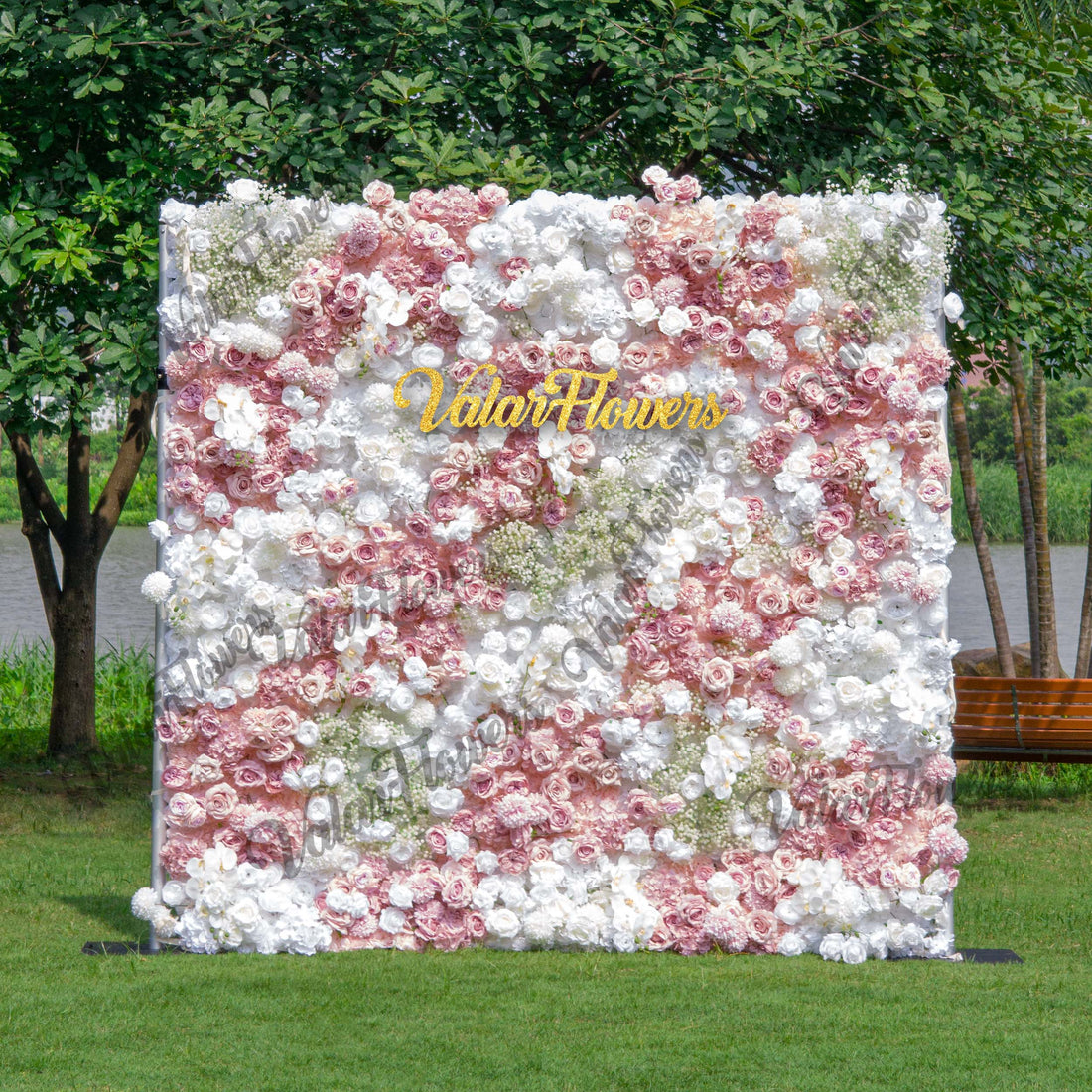 Romantic artificial flower wall backdrop featuring a blend of blush pink and white roses. Perfect for weddings, ceremonies, and events. Realistic, high-quality materials on a sturdy frame. Ideal for photo backdrops and decor. Easy to set up and enhances event ambiance.