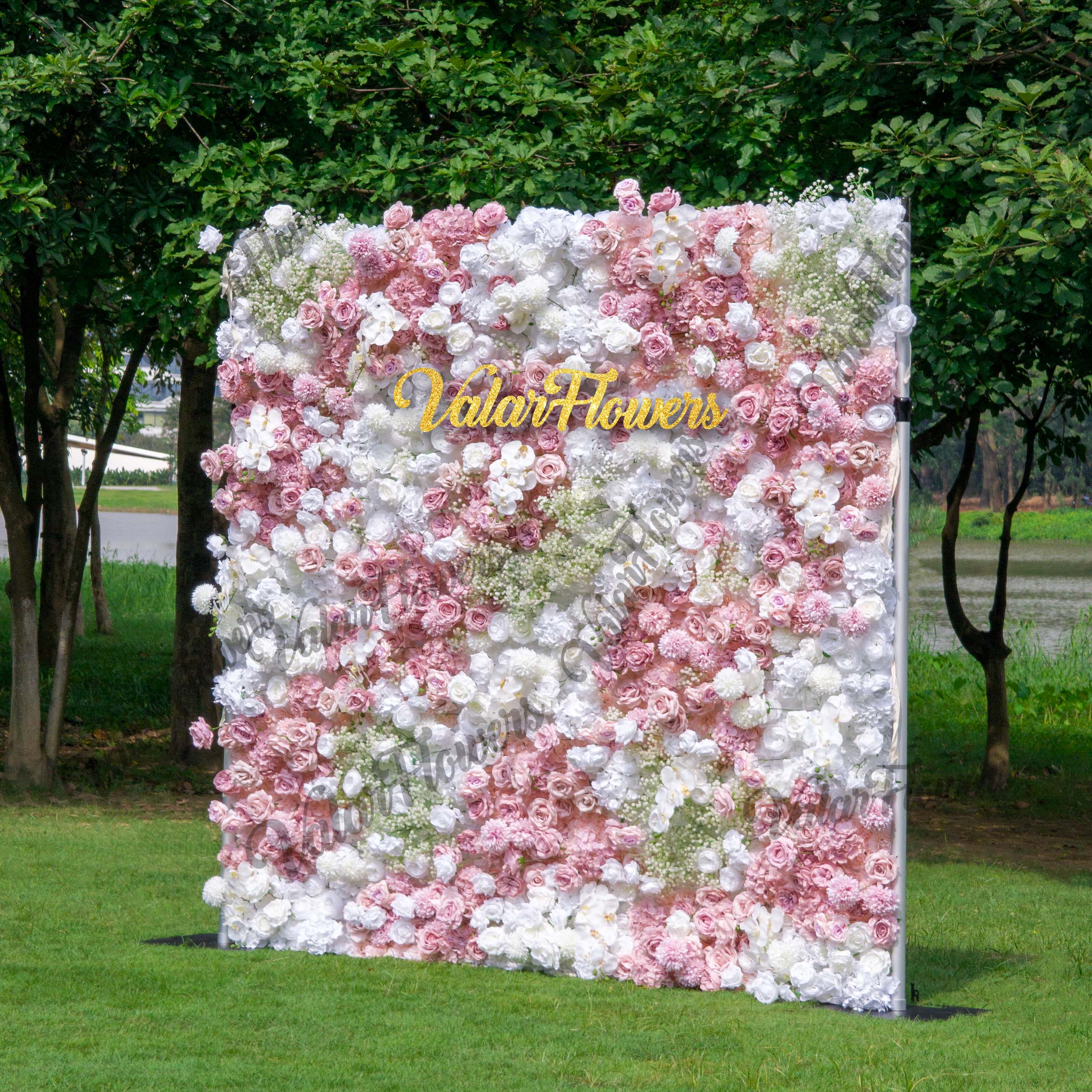 Romantic artificial flower wall backdrop featuring a blend of blush pink and white roses. Perfect for weddings, ceremonies, and events. Realistic, high-quality materials on a sturdy frame. Ideal for photo backdrops and decor. Easy to set up and enhances event ambiance.