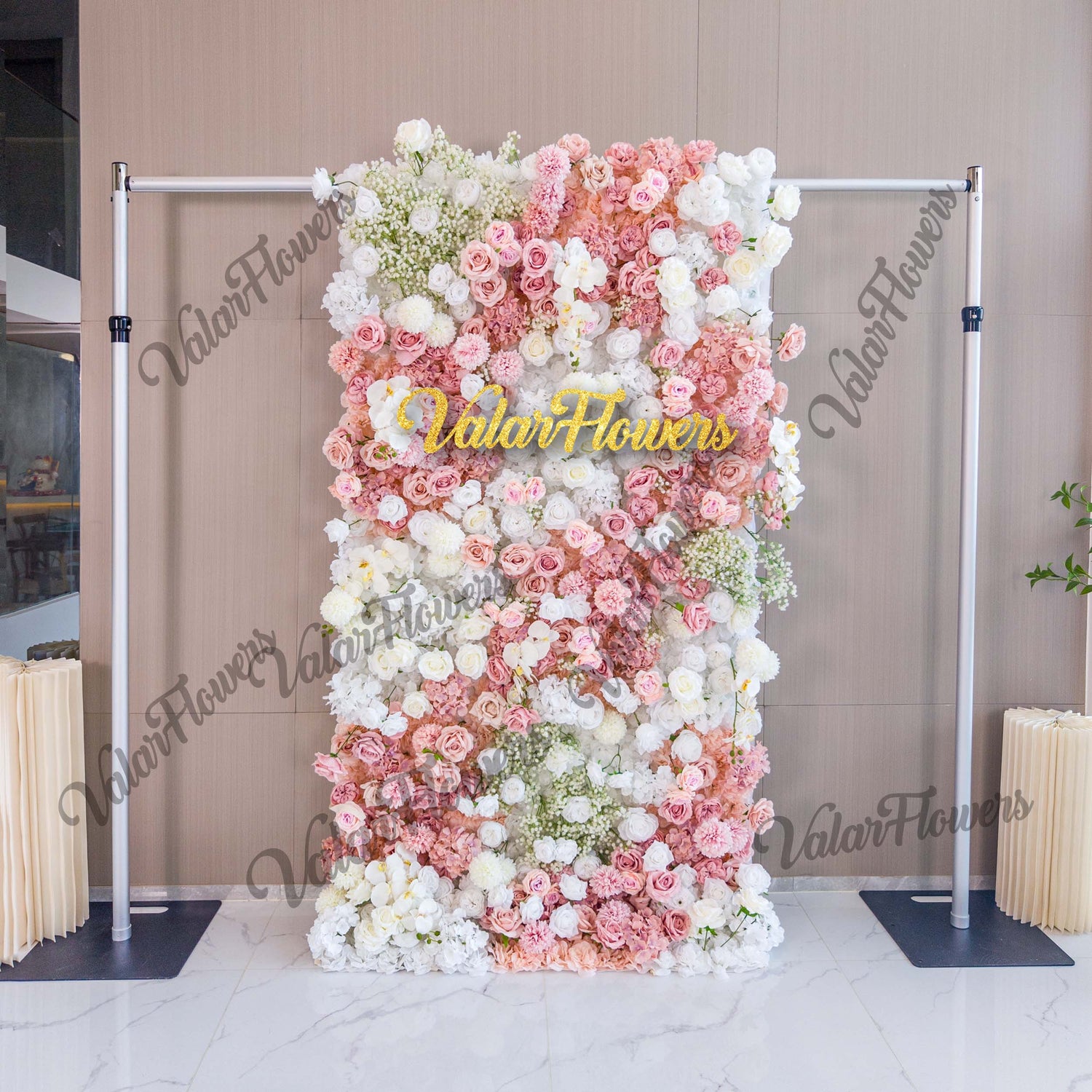 Romantic Floral Backdrop - Blush Nude and White Artificial Flower Wall for Weddings, Events, and Special Occasions-VF-418