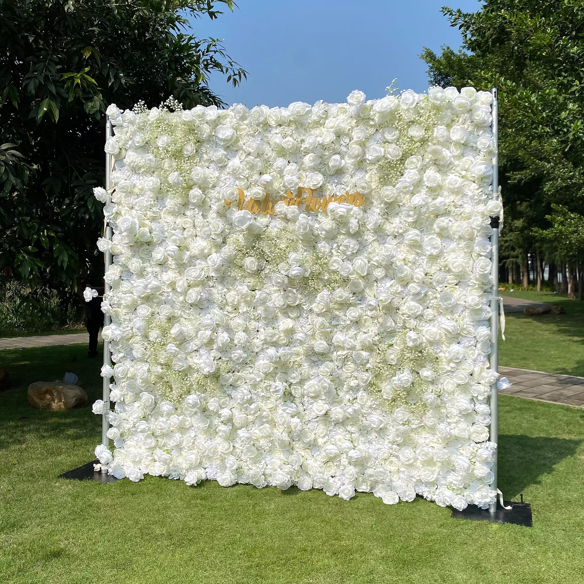 Elegante telón de fondo de pared de flores blancas y verdes - Pared de tela enrollable - Decoración de fiesta nupcial - Celebración de lugares de boda Pared floral-VF-340-2