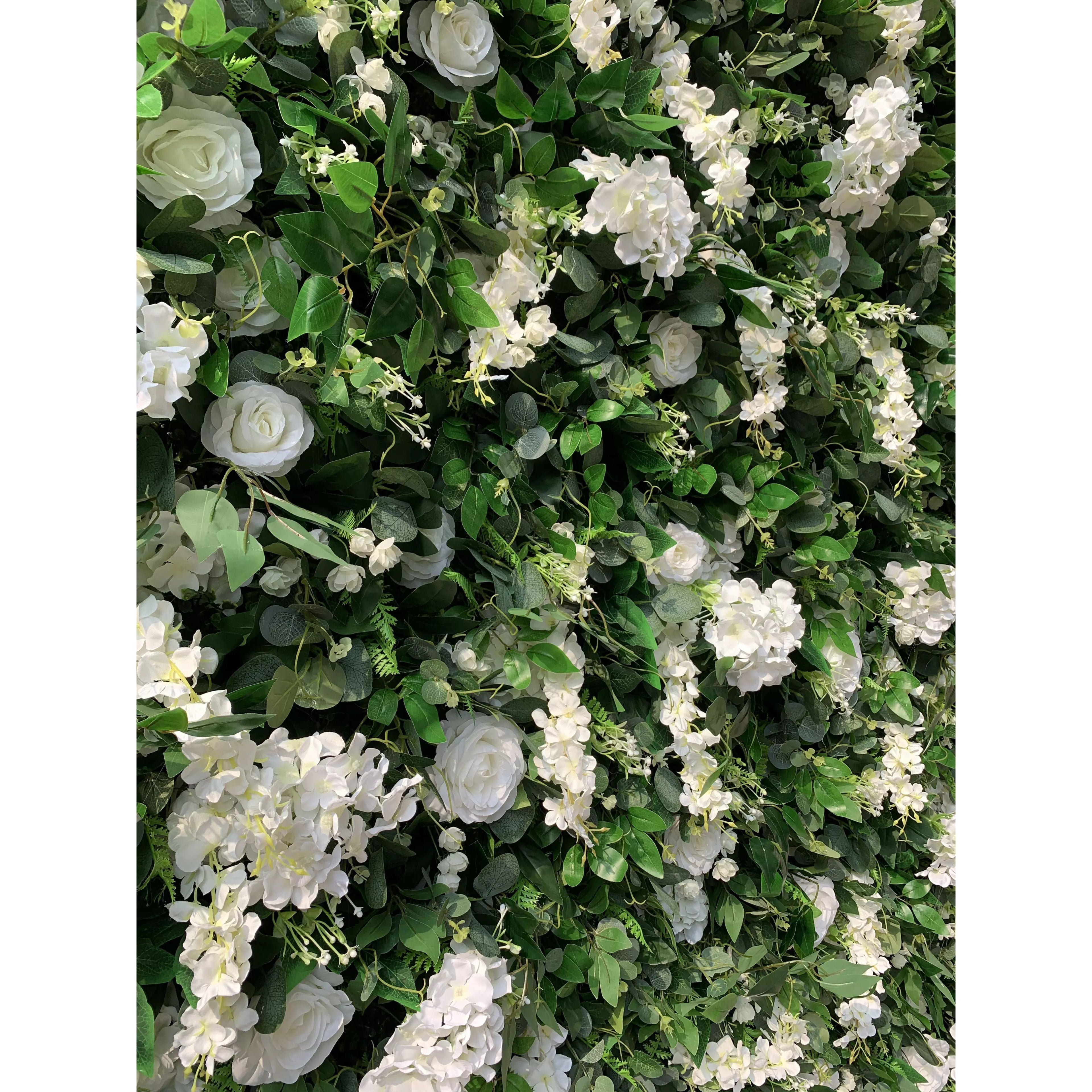 Valar Flowers Roll Up Fabric Artificial White Flower and Vivid Green Leaves Floral Wall Wedding Backdrop, Floral Party Decor, Event Photography-VF-071-2