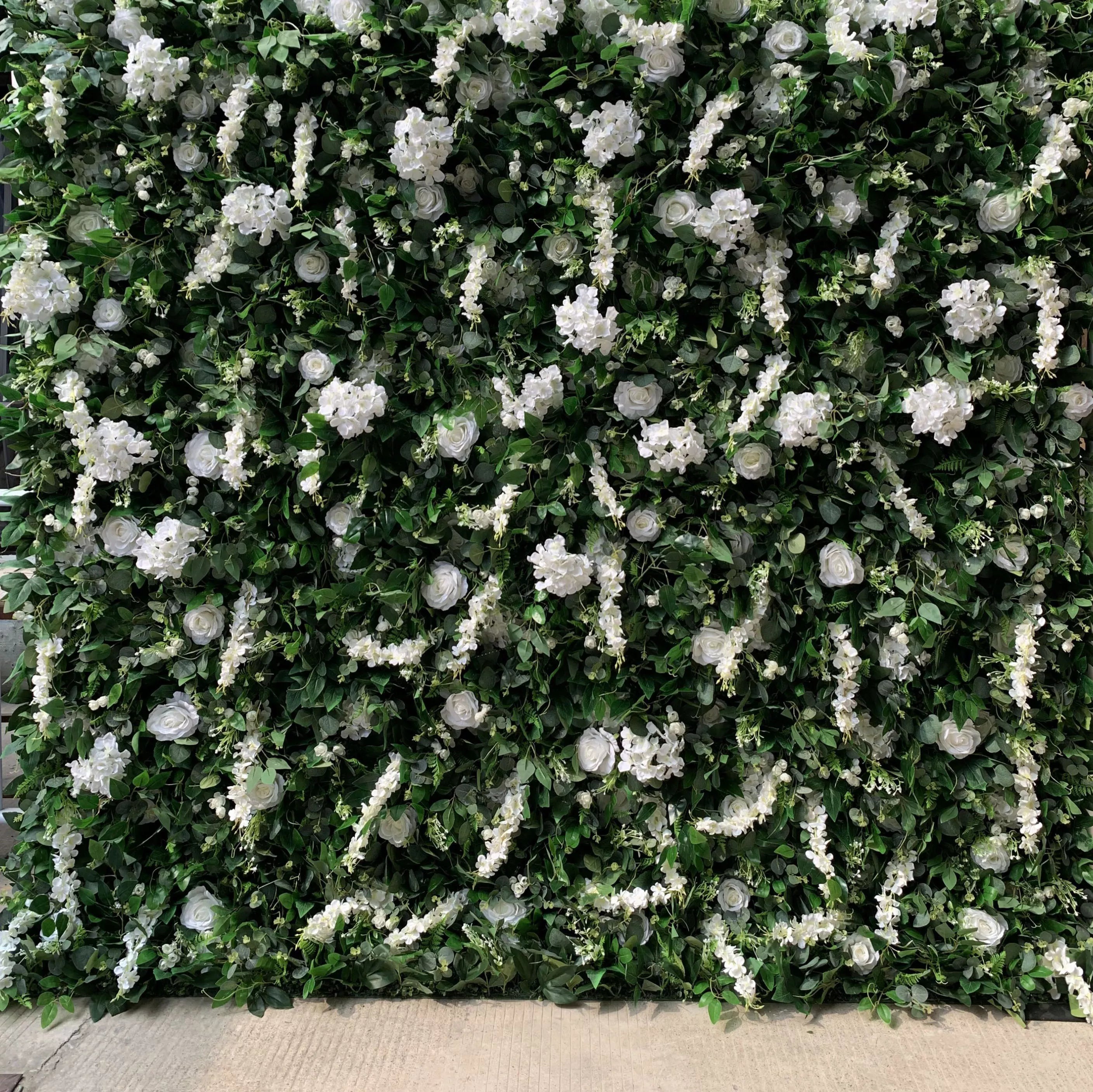 Valar Flores Roll Up Tecido Artificial Flor Branca e Folhas Verdes Vivas Floral Parede Wedding Backdrop, Decoração Floral Festa, Fotografia Evento-VF-071-2