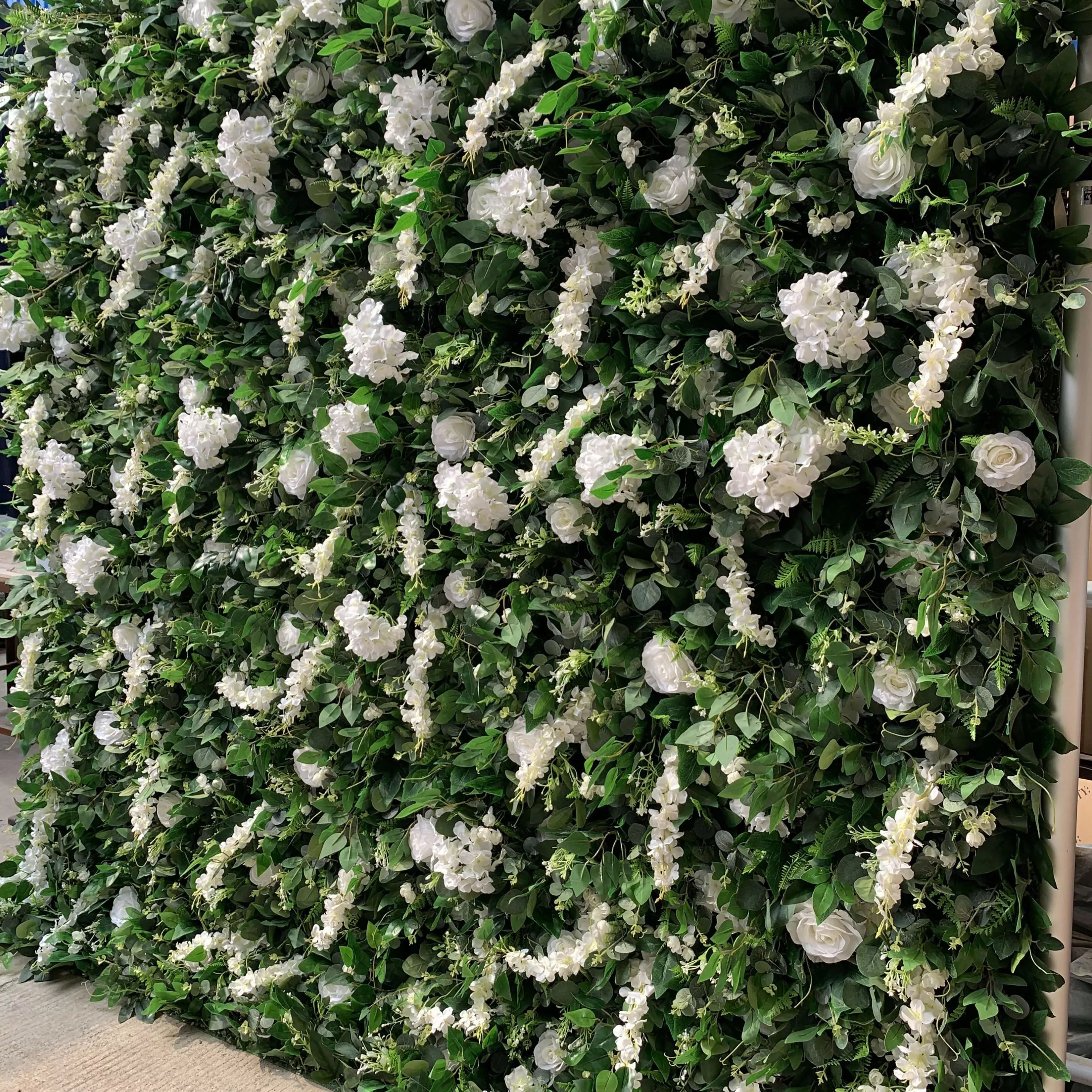 Valar Flowers Roll Up Fabric Artificial White Flower and Vivid Green Leaves Floral Wall Wedding Backdrop, Floral Party Decor, Event Photography-VF-071-2