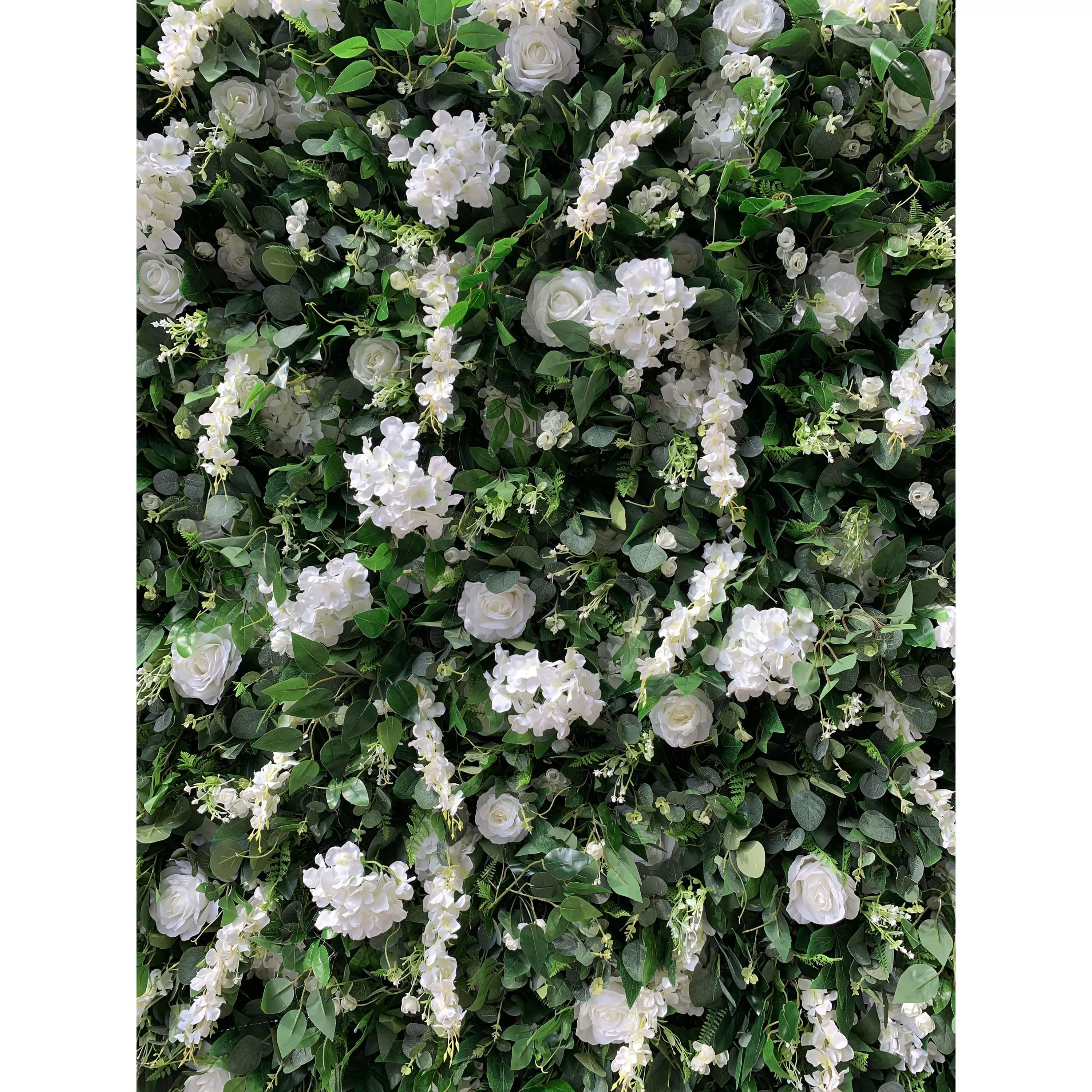 Valar Flores Roll Up Tecido Artificial Flor Branca e Folhas Verdes Vivas Floral Parede Wedding Backdrop, Decoração Floral Festa, Fotografia Evento-VF-071-2