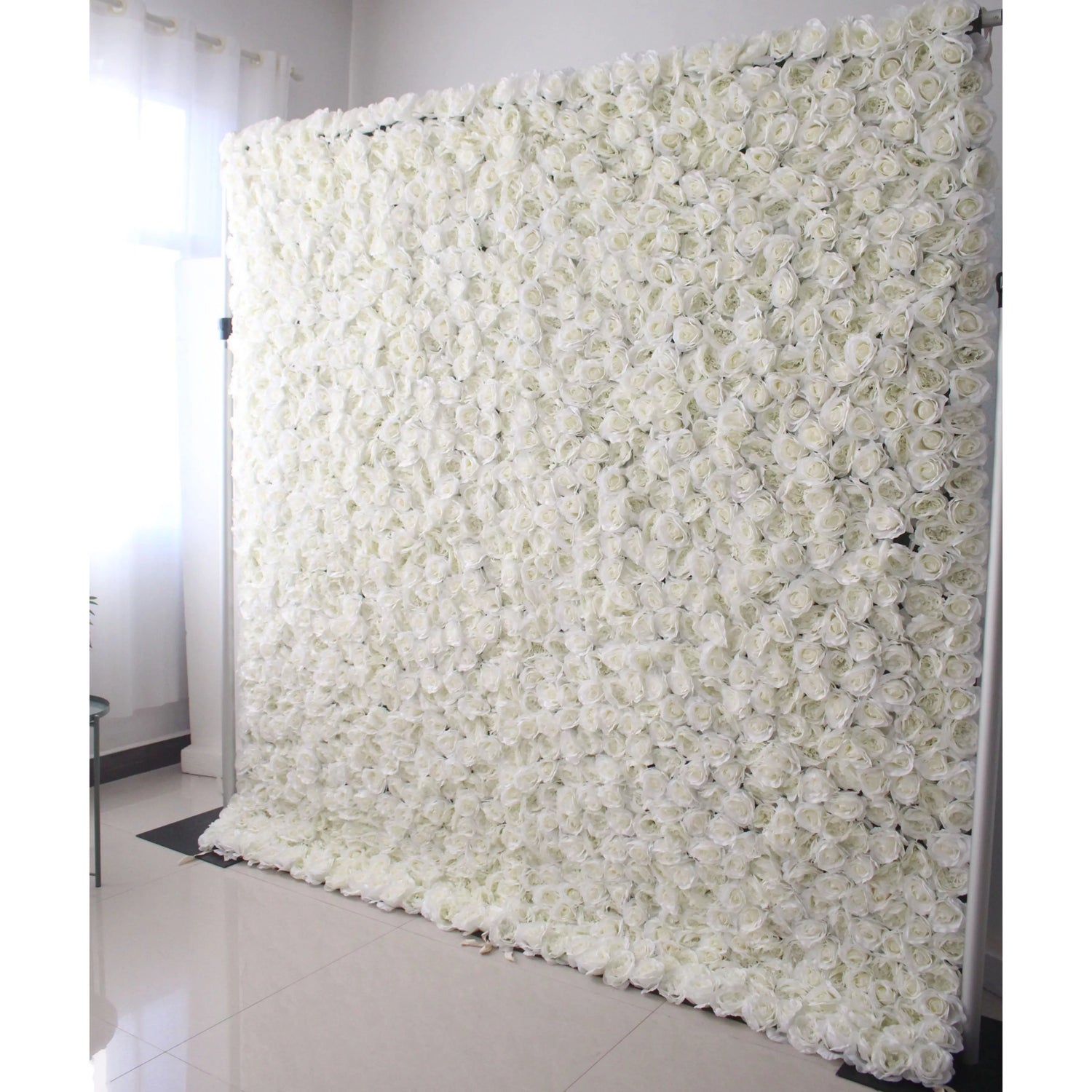 Valar Flowers Roll Up Fabric Artificial White Roses Flower Wall Wedding Backdrop, Floral Party Decor, Event Photography-VF-026