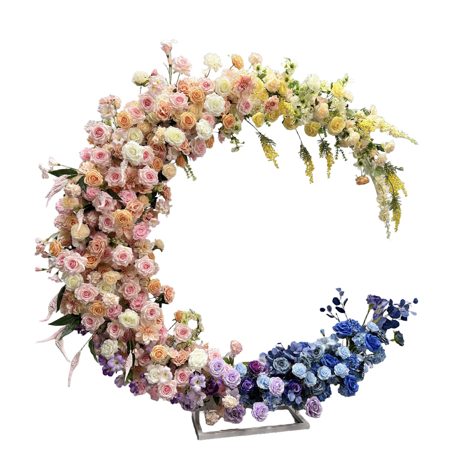 This crescent - shaped arch by ValarFlowers features a stunning array of pastel to bold colors. Ideal for weddings, parties, and events as a romantic backdrop.