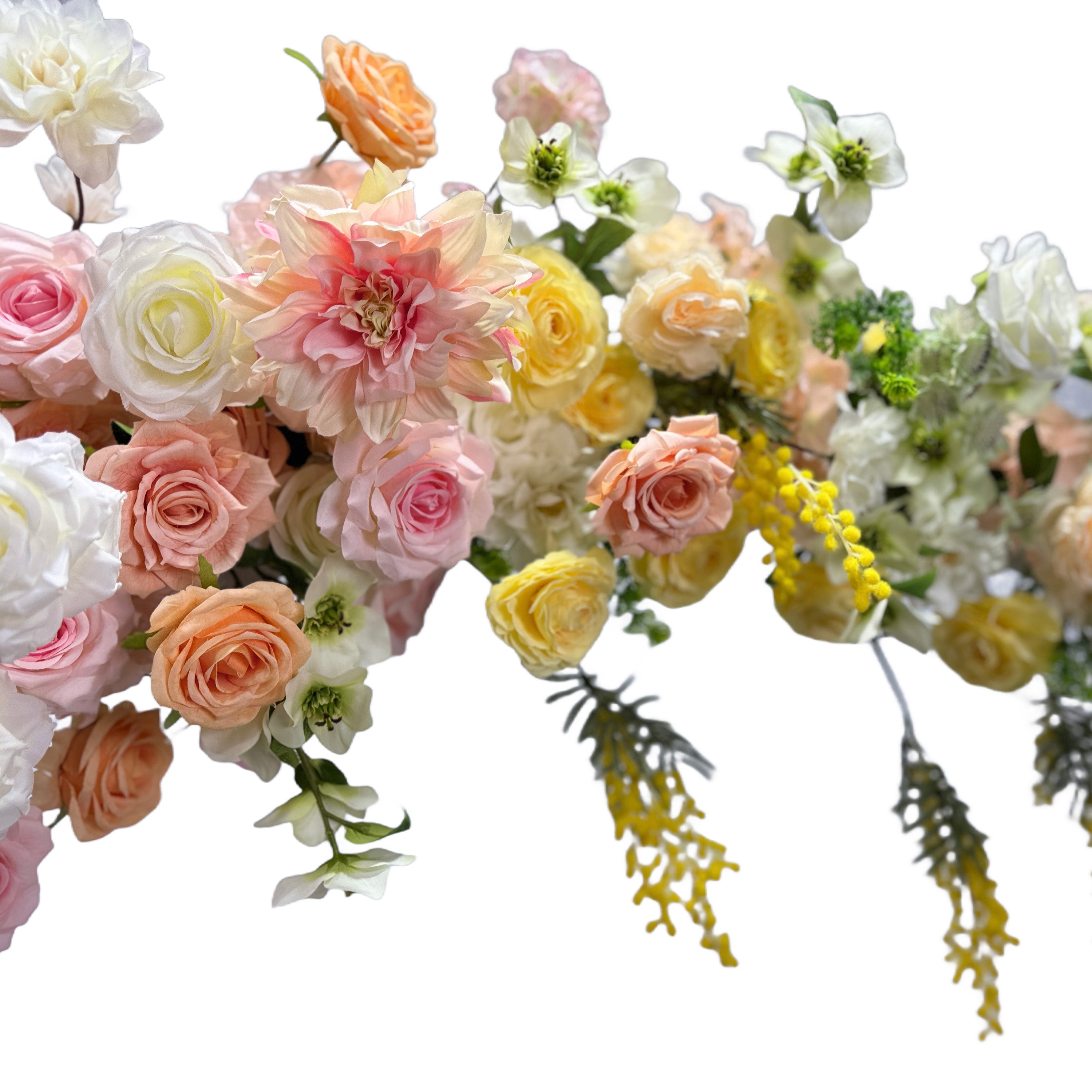 The arch is a beautiful floral arrangement with a mix of pastel - colored flowers, including pink, peach, yellow, and white roses, along with green foliage. It&