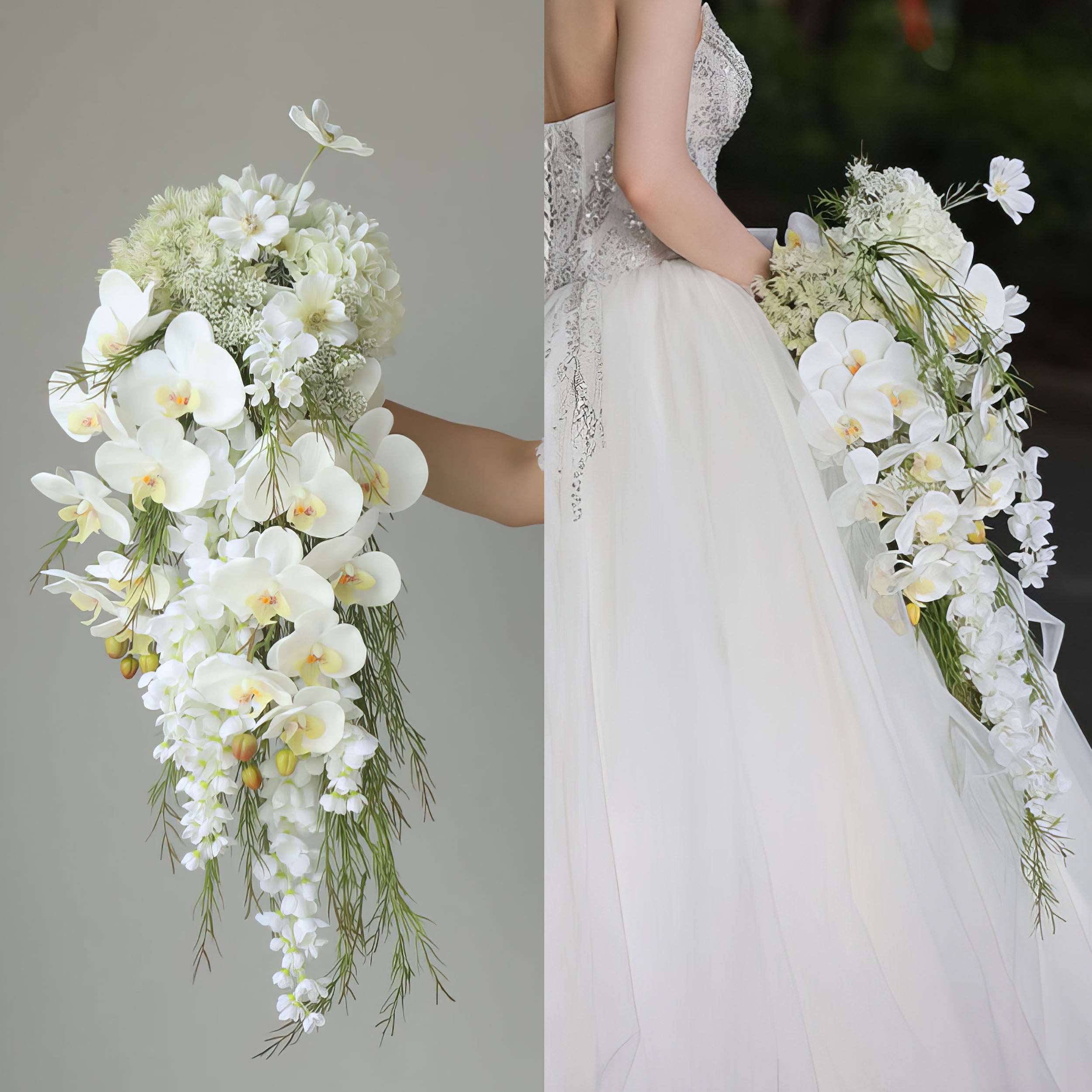 Elegant Cascading Bridal Bouquet with White Orchids and Greenery - High-Quality Artificial Flowers for Weddings and Special Occasions, Sophisticated Design and Lasting Beauty