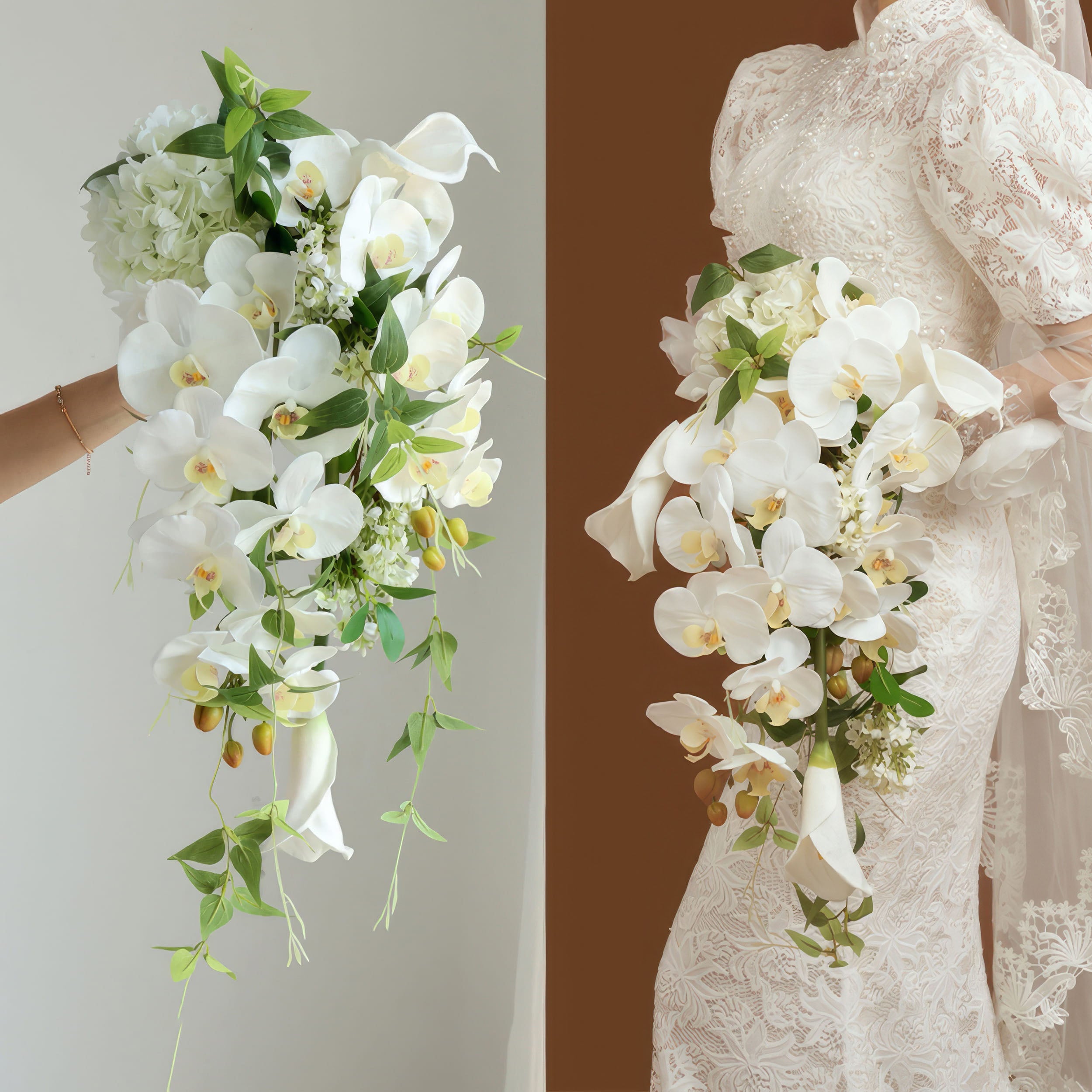 Elegant Cascading Bridal Bouquet with White Orchids and Greenery - High-Quality Artificial Flowers for Weddings and Special Occasions, Sophisticated Design and Lasting Beauty