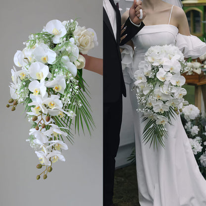 Elegant Cascading Bridal Bouquet with White Orchids and Greenery - High-Quality Artificial Flowers for Weddings and Special Occasions, Sophisticated Design and Lasting Beauty