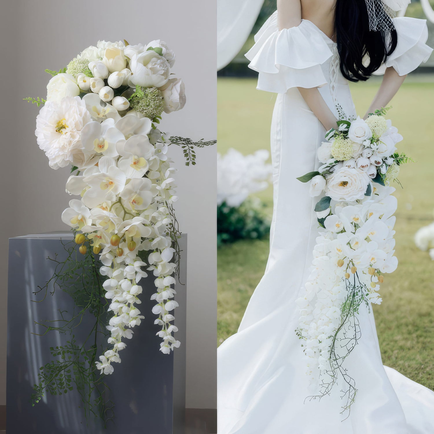 Elegant Cascading Bridal Bouquet with White Orchids and Greenery - High-Quality Artificial Flowers for Weddings and Special Occasions, Sophisticated Design and Lasting Beauty