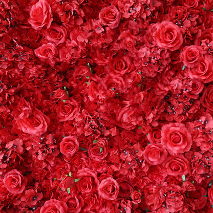 A close-up of the ValarFlowers red flower wall, featuring a lush arrangement of realistic silk roses and hydrangeas with hints of greenery, creating an elegant and vibrant floral display.