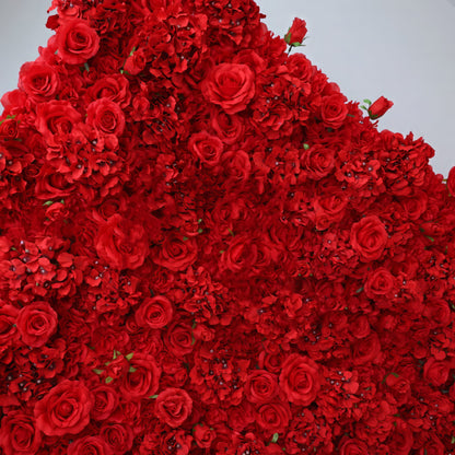 A close-up corner view of the ValarFlowers red flower wall, featuring an elegant mix of realistic silk roses and hydrangeas. Perfect for luxury events, it adds a vibrant, romantic ambiance.