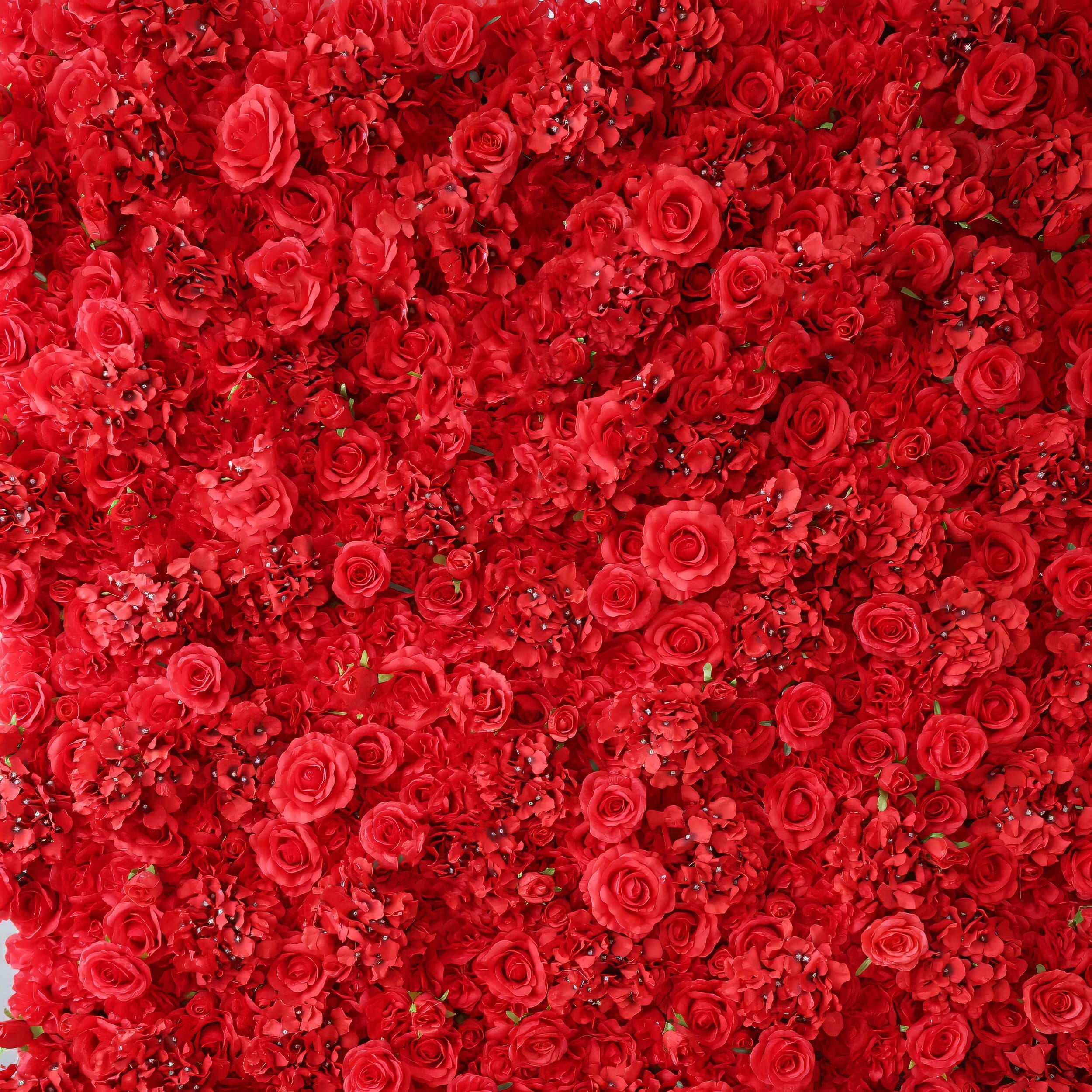 An expansive ValarFlowers red flower wall featuring a lush array of silk roses and hydrangeas. Perfect for weddings or events, it exudes elegance and adds a romantic, luxurious touch to any space.