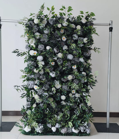 Valar Flowers Roll Up Fabric Artificial Flower Wall Grey and White Flower Green Leaves Backdrop, Event Photography