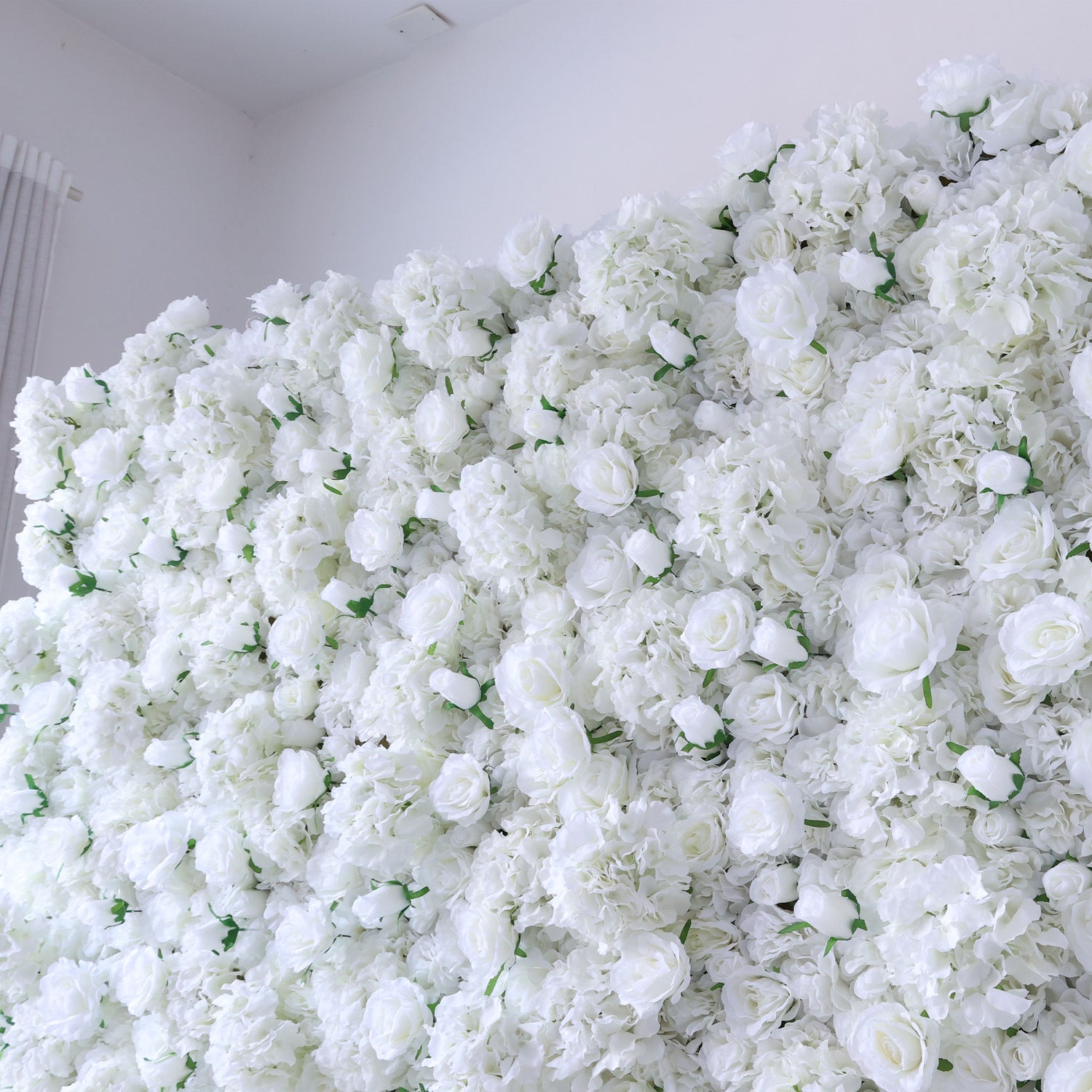 Valar Flowers Presents: White Blossom Bliss – A Dense Array of Roses in an Artificial Fabric Flower Wall-VF-157-U