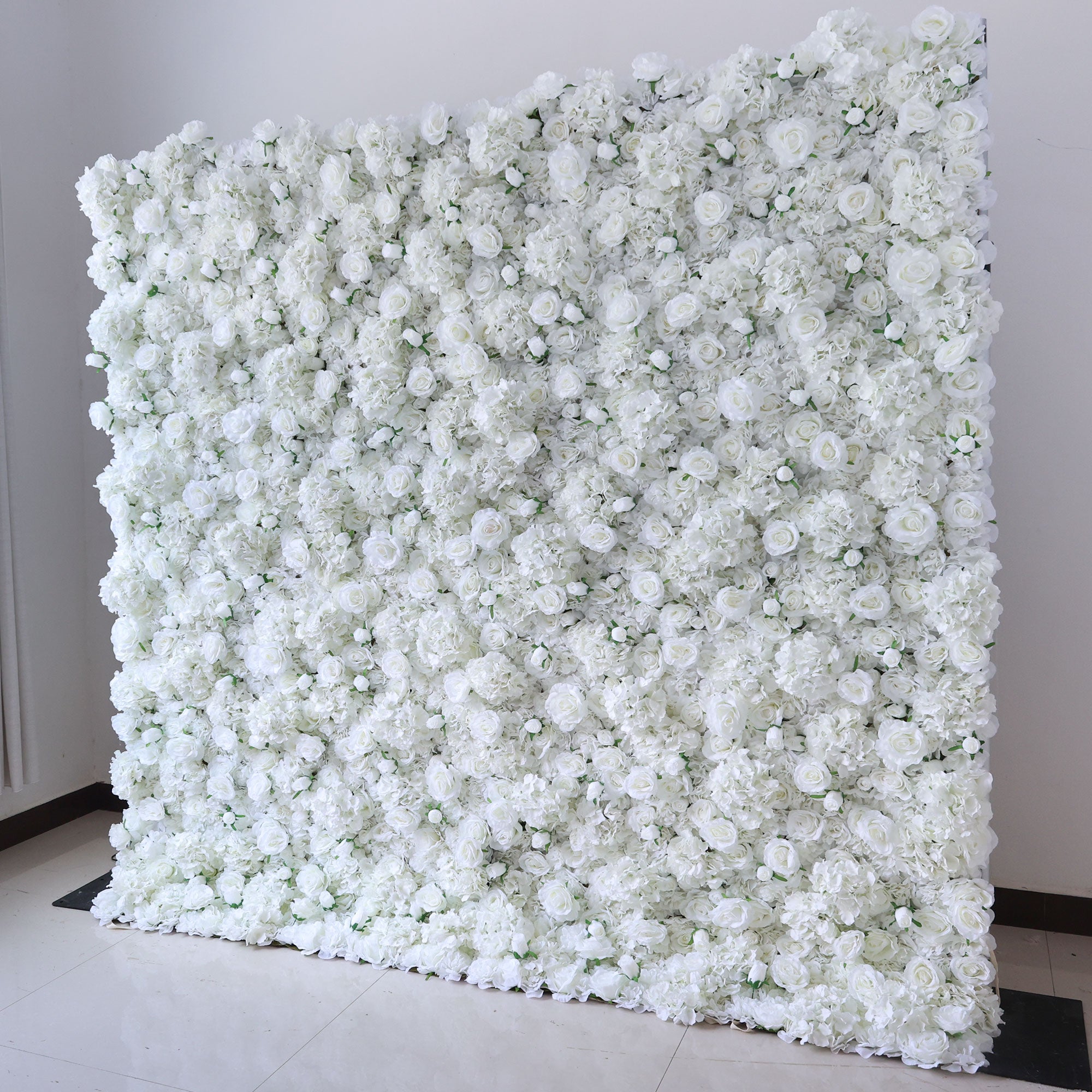 Valar Flowers Presents: White Blossom Bliss – A Dense Array of Roses in an Artificial Fabric Flower Wall-VF-157