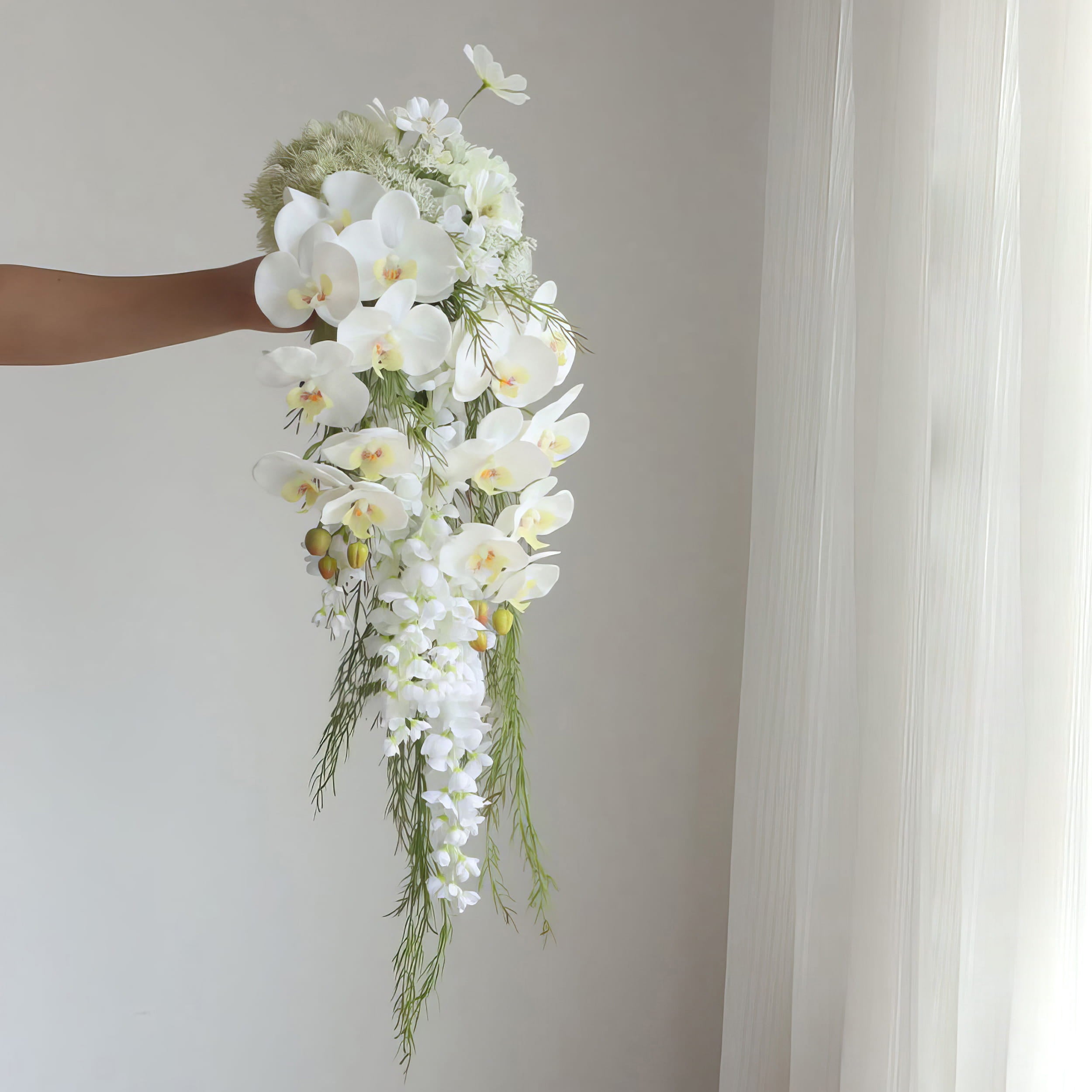 Elegant Cascading Bridal Bouquet with White Orchids and Greenery - High-Quality Artificial Flowers for Weddings and Special Occasions, Sophisticated Design and Lasting Beauty