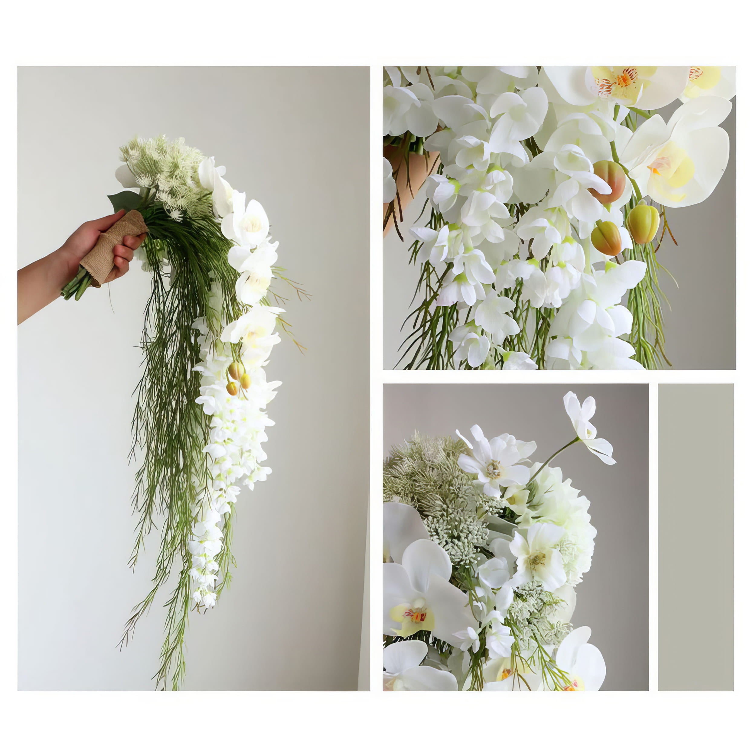 Elegant Cascading Bridal Bouquet with White Orchids and Greenery - High-Quality Artificial Flowers for Weddings and Special Occasions, Sophisticated Design and Lasting Beauty