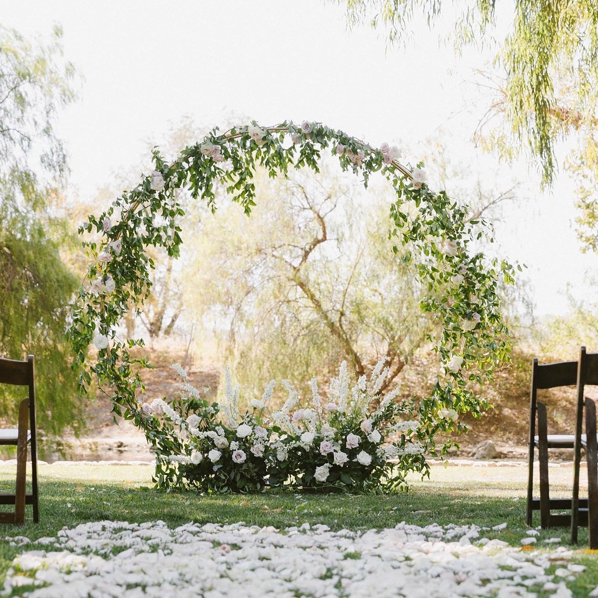 ValarFlowers Extra Stable Multi-size Shiny Metal Wedding Arch Double Ring Round Circle Customizable Hoop Floral Wheel Bridal Outdoor Backdrop Stand Idea