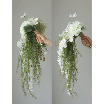 Elegant Cascading Bridal Bouquet with White Orchids and Greenery - High-Quality Artificial Flowers for Weddings and Special Occasions, Sophisticated Design and Lasting Beauty