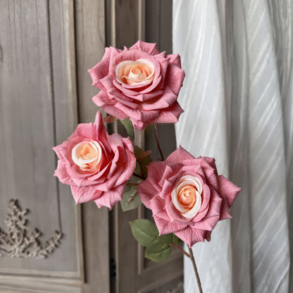 This is a beautiful close-up of three soft pink roses with delicate peach-colored centers. The roses are arranged on a single stem with green leaves, and the background features light-colored drapery and wooden paneling, creating a sophisticated and romantic atmosphere.