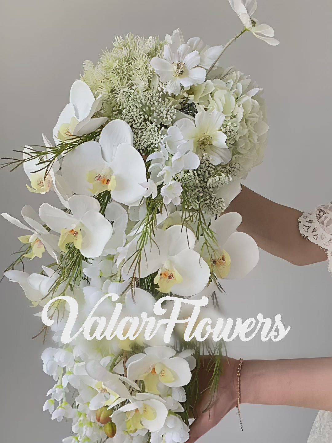 Elegant Cascading Bridal Bouquet with White Orchids and Greenery - High-Quality Artificial Flowers for Weddings and Special Occasions, Sophisticated Design and Lasting Beauty