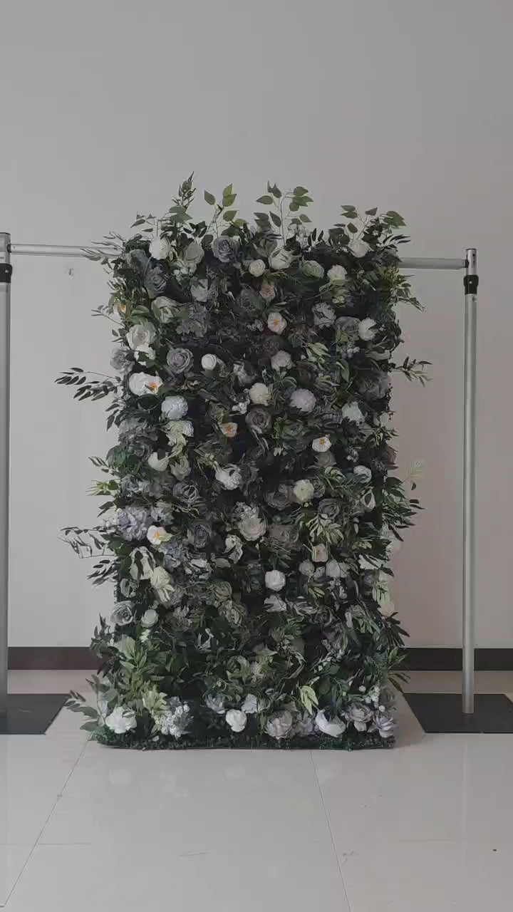 Valar Flowers Roll Up Fabric Artificial Flower Wall Grey and White Flower Green Leaves Backdrop, Event Photography