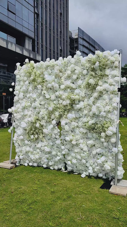 Elegante telón de fondo de pared de flores blancas y verdes - Pared de tela enrollable - Decoración de fiesta nupcial - Celebración de lugares de boda Pared floral-VF-340-2