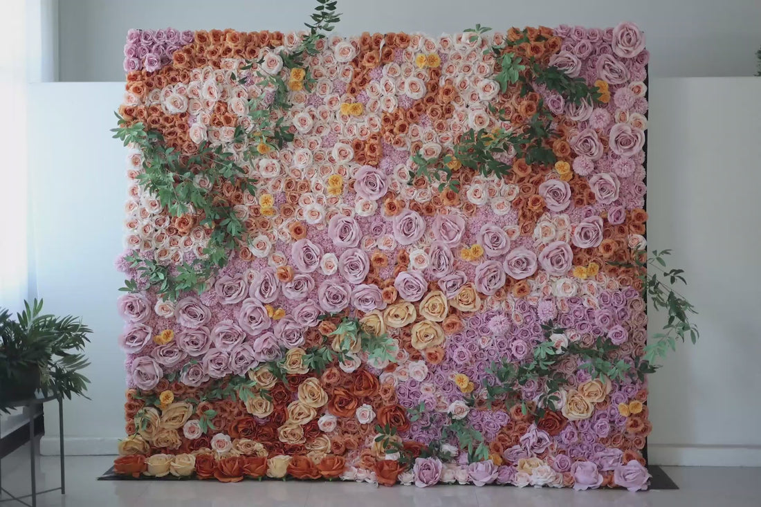 Valar fleurs enroulent tissu fard à joues rose, orange corail, crème et rose jaune doux avec des feuilles d’eucalyptus vert mur de fleurs : la palette de la nature dans un affichage élégant - un ajout à couper le souffle pour tout événement-VF-139-2